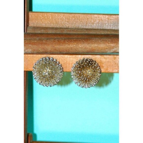 Vintage Wire Earrings Silver Circle Clip On Starburst - Picture 2 of 5